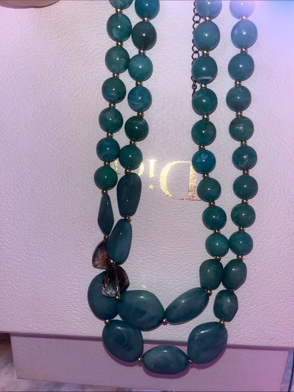 New Double Strand Natural Turquoise Stone Beads & Crystal Statement Necklace